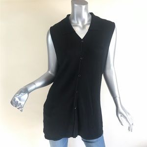 Sag Harbor Sleeveless Button Front Tunic Knit Top Black Adjustable Tie Back Vest